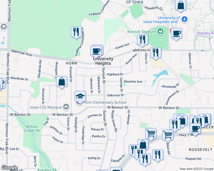 map of restaurants, bars, coffee shops, grocery stores, and more near 300 Grandview Court in Iowa City