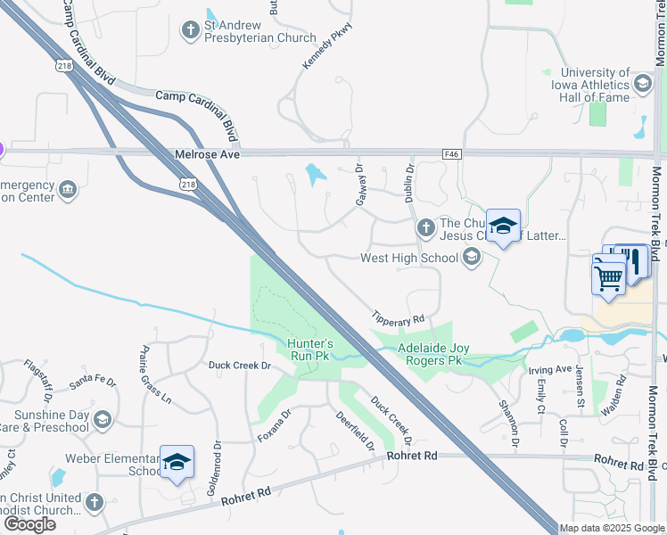 map of restaurants, bars, coffee shops, grocery stores, and more near 3704 Donegal Court in Iowa City