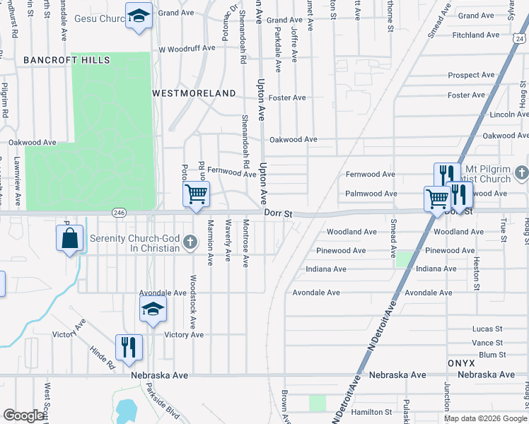 map of restaurants, bars, coffee shops, grocery stores, and more near Dorr St & Upton Ave in Toledo