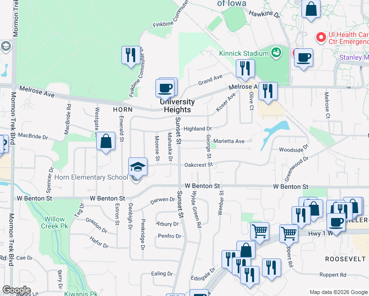 map of restaurants, bars, coffee shops, grocery stores, and more near 300 Grandview Court in Iowa City