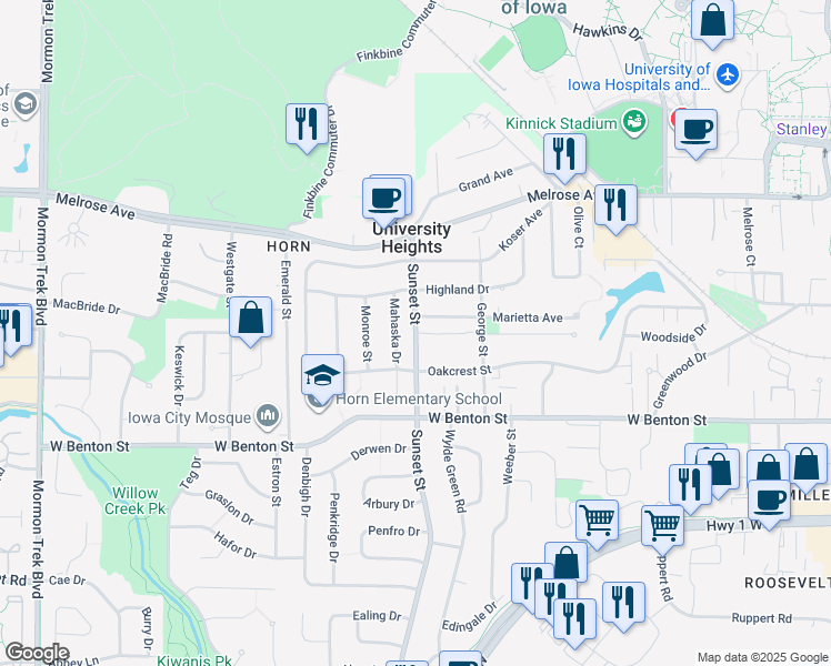 map of restaurants, bars, coffee shops, grocery stores, and more near 620 Grandview Court in Iowa City