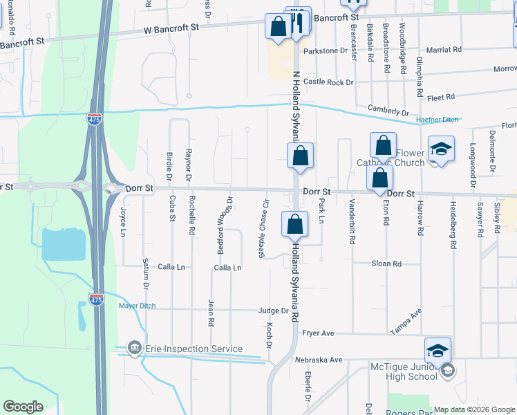 map of restaurants, bars, coffee shops, grocery stores, and more near 1205 Steeple Chase Circle in Toledo
