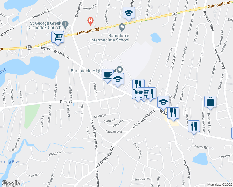 map of restaurants, bars, coffee shops, grocery stores, and more near 725 West Main Street in Barnstable