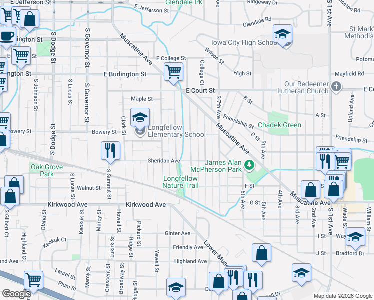 map of restaurants, bars, coffee shops, grocery stores, and more near 712 Grant Street in Iowa City