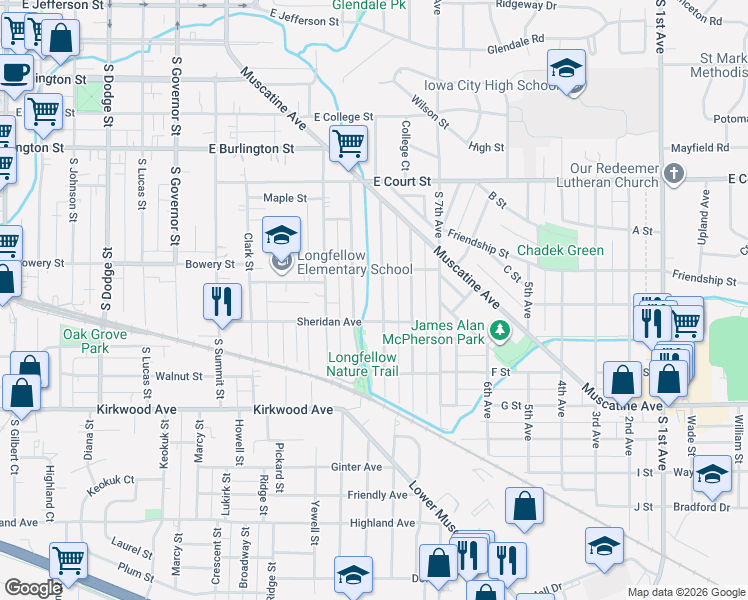 map of restaurants, bars, coffee shops, grocery stores, and more near 712 Grant Street in Iowa City