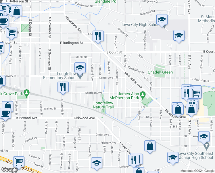 map of restaurants, bars, coffee shops, grocery stores, and more near 731 Rundell Street in Iowa City