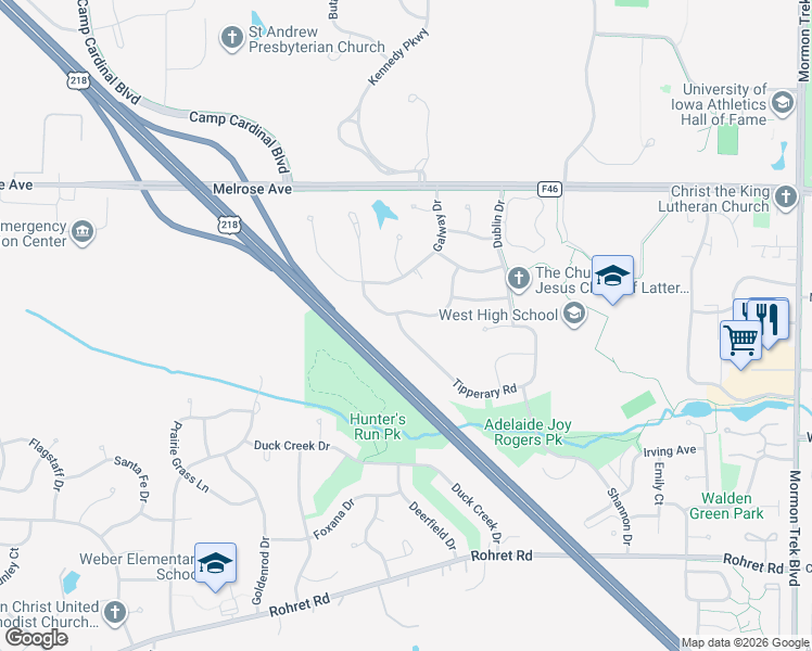 map of restaurants, bars, coffee shops, grocery stores, and more near 3704 Donegal Court in Iowa City