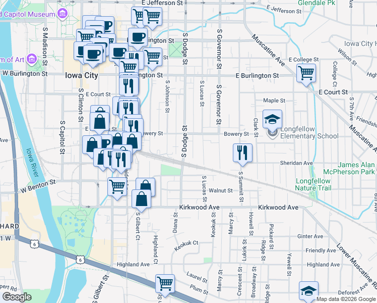 map of restaurants, bars, coffee shops, grocery stores, and more near 642 South Dodge Street in Iowa City