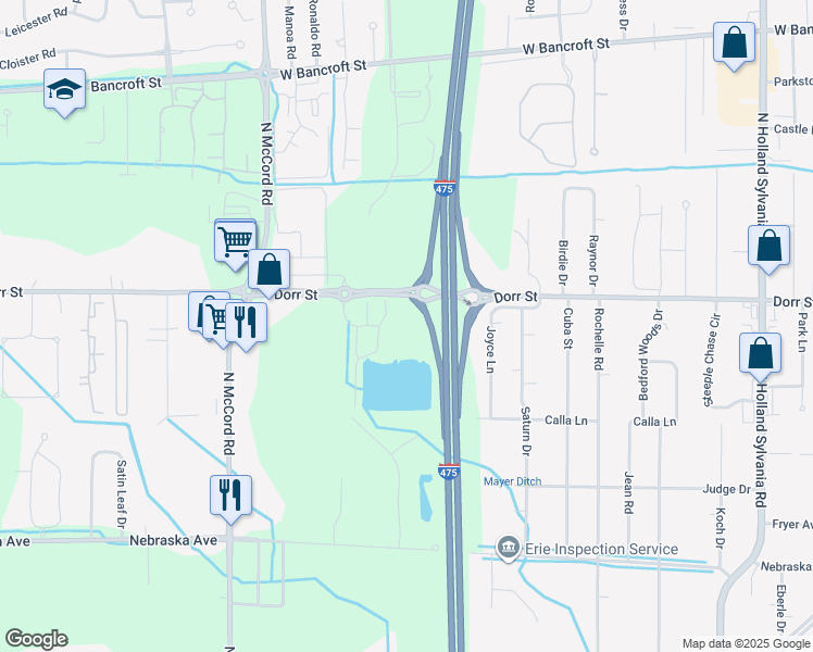 map of restaurants, bars, coffee shops, grocery stores, and more near 6505 Dorr Street in Toledo