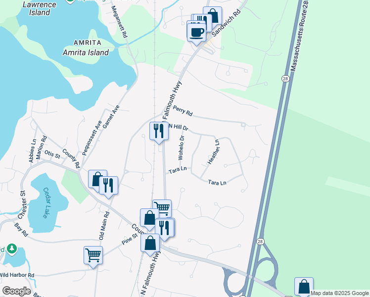 map of restaurants, bars, coffee shops, grocery stores, and more near 23 Wohelo Drive in Falmouth