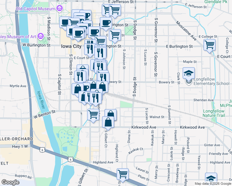 map of restaurants, bars, coffee shops, grocery stores, and more near 618 South Van Buren Street in Iowa City