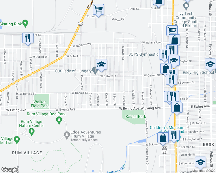 map of restaurants, bars, coffee shops, grocery stores, and more near 2008 Kendall Street in South Bend