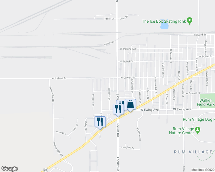 map of restaurants, bars, coffee shops, grocery stores, and more near 2005 Wabash Street in South Bend