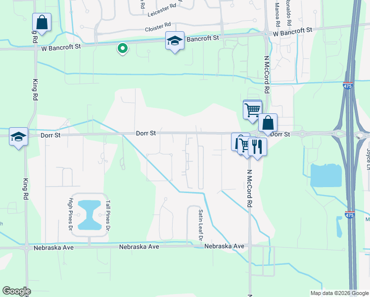 map of restaurants, bars, coffee shops, grocery stores, and more near 1210 Country View Place in Toledo