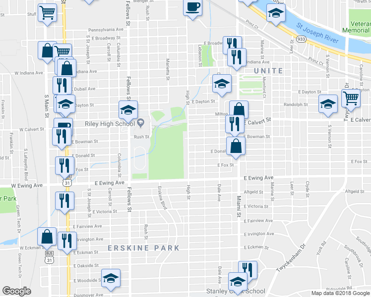 map of restaurants, bars, coffee shops, grocery stores, and more near 2017 High Street in South Bend