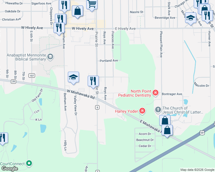 map of restaurants, bars, coffee shops, grocery stores, and more near 57906 Roys Avenue in Elkhart