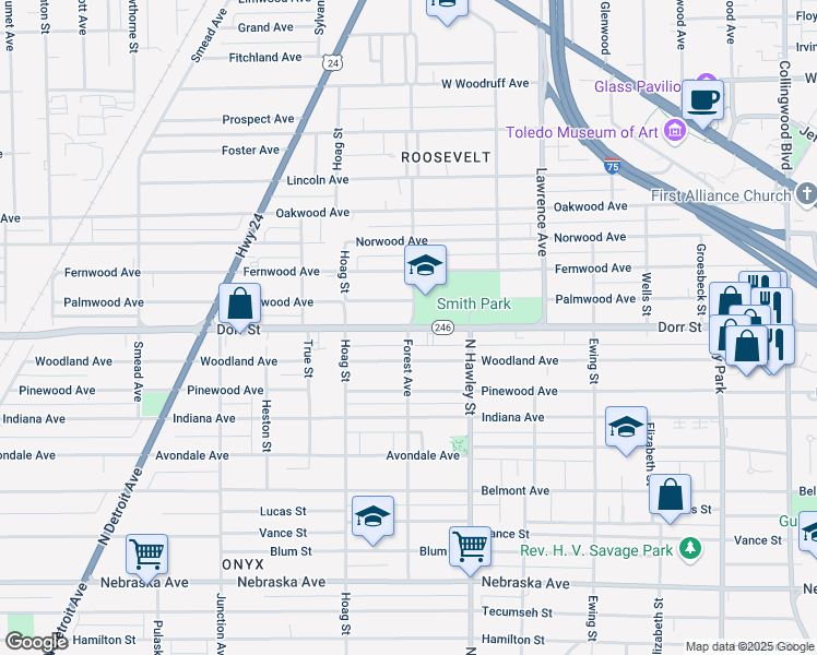 map of restaurants, bars, coffee shops, grocery stores, and more near 1301 Forest Avenue in Toledo