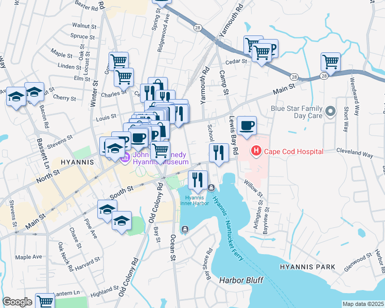 map of restaurants, bars, coffee shops, grocery stores, and more near 56 Pleasant Street in Barnstable