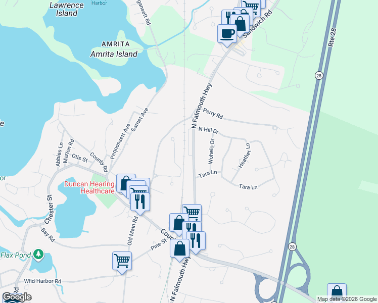 map of restaurants, bars, coffee shops, grocery stores, and more near 688 North Falmouth Highway in Falmouth
