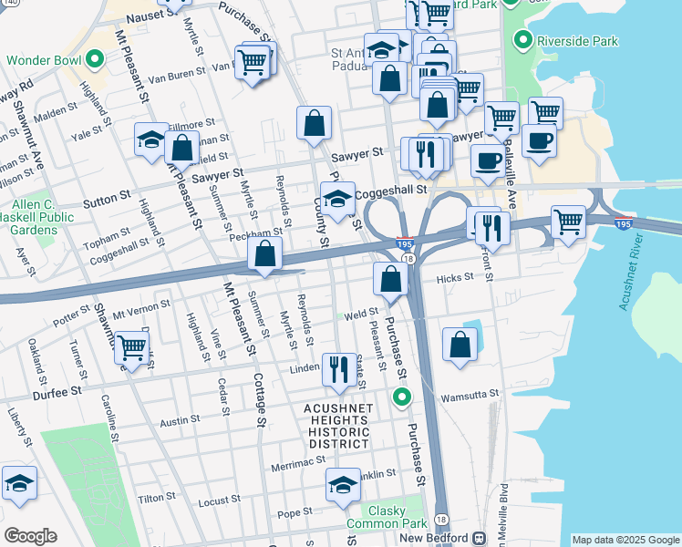 map of restaurants, bars, coffee shops, grocery stores, and more near 972 County Street in New Bedford