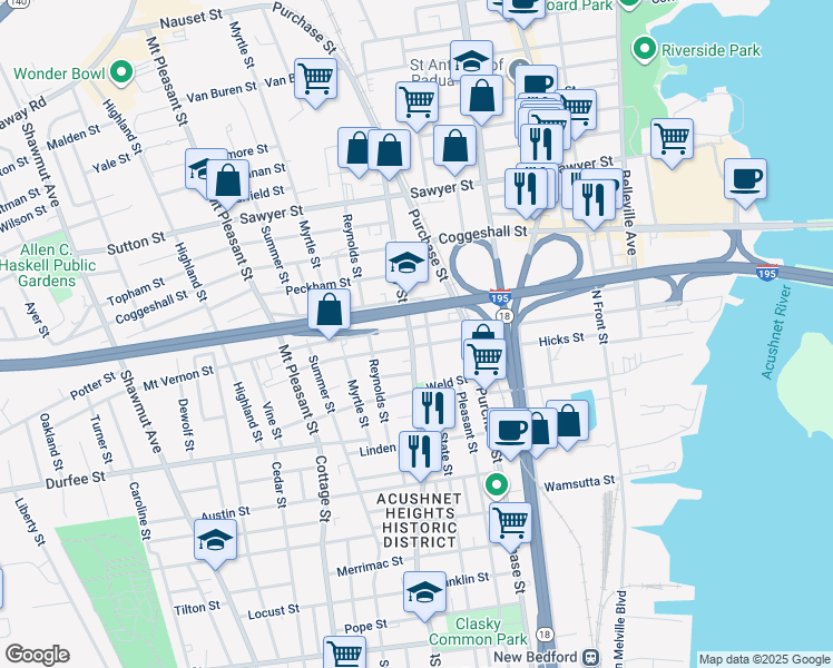 map of restaurants, bars, coffee shops, grocery stores, and more near 972 County Street in New Bedford