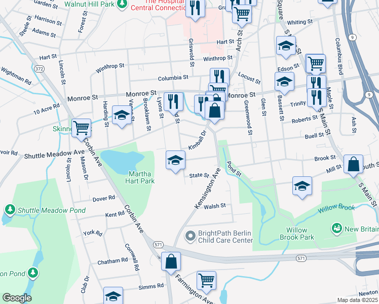 map of restaurants, bars, coffee shops, grocery stores, and more near 69 Kimball Drive in New Britain
