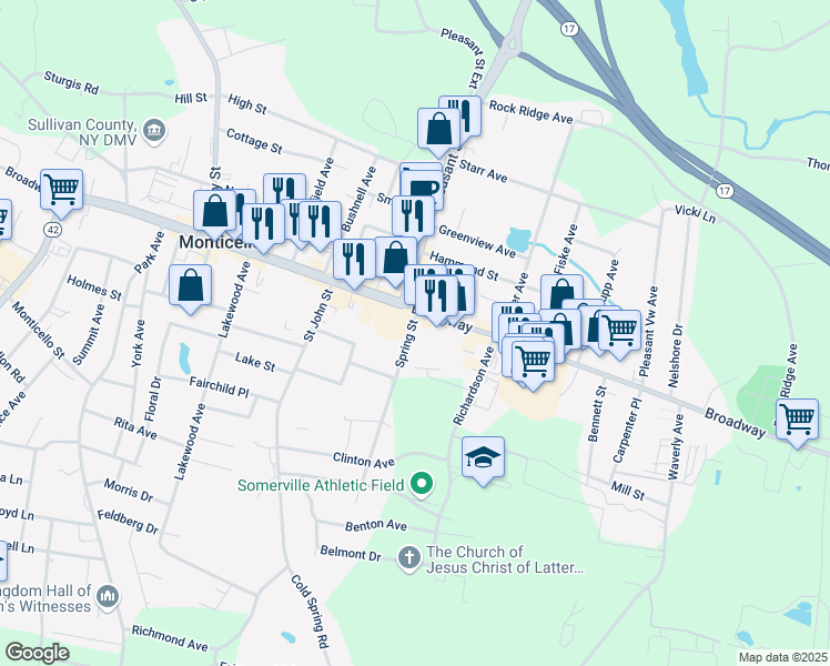 map of restaurants, bars, coffee shops, grocery stores, and more near 377 East Broadway in Monticello
