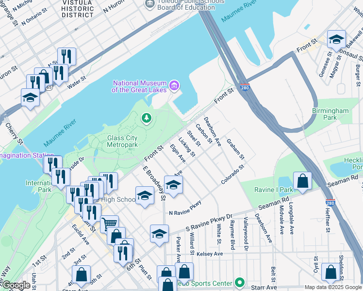 map of restaurants, bars, coffee shops, grocery stores, and more near 117 Licking Street in Toledo