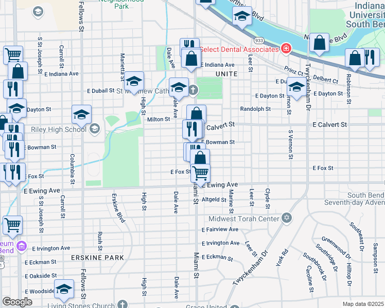 map of restaurants, bars, coffee shops, grocery stores, and more near 2007 Miami Street in South Bend