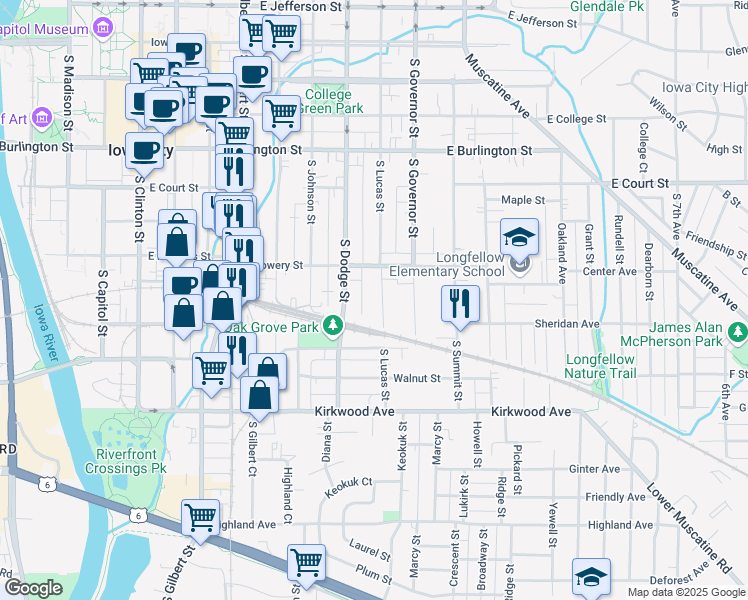 map of restaurants, bars, coffee shops, grocery stores, and more near 618 South Lucas Street in Iowa City