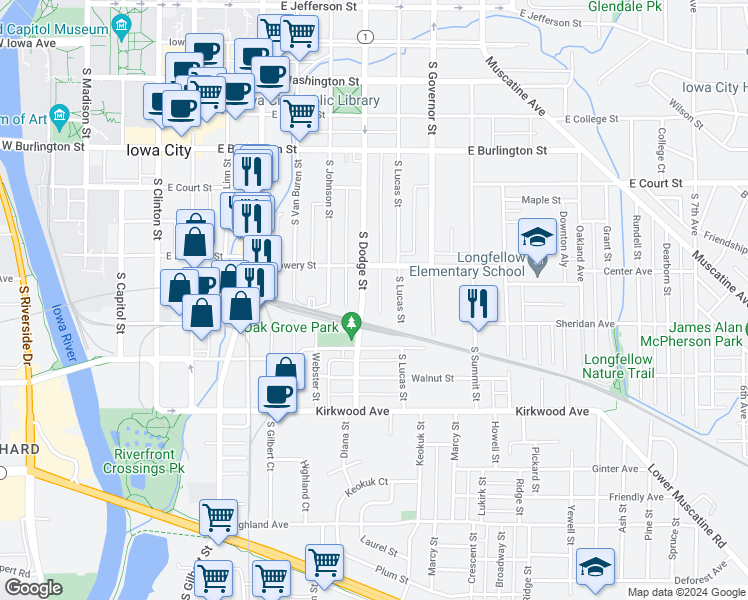 map of restaurants, bars, coffee shops, grocery stores, and more near 626 South Dodge Street in Iowa City