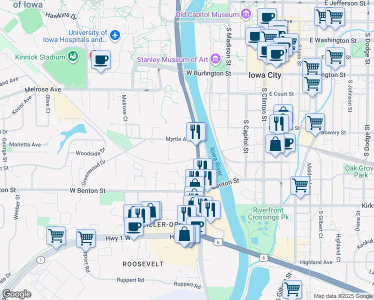 map of restaurants, bars, coffee shops, grocery stores, and more near 209 Myrtle Avenue in Iowa City