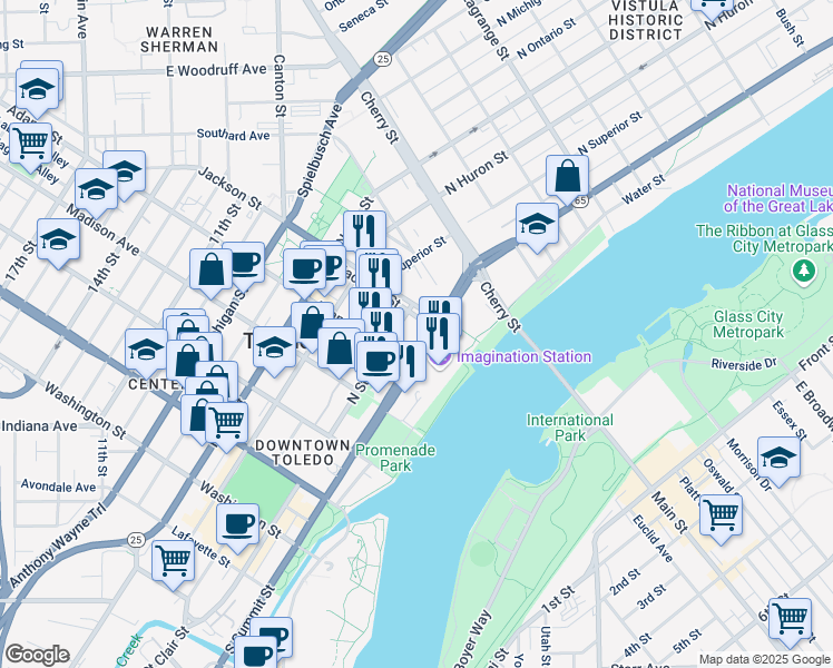 map of restaurants, bars, coffee shops, grocery stores, and more near 301 Jackson Street in Toledo