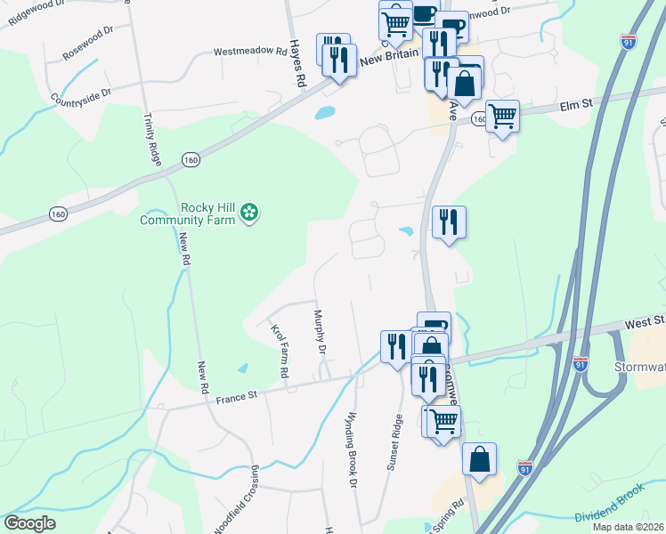 map of restaurants, bars, coffee shops, grocery stores, and more near 56 Murphy Drive in Rocky Hill
