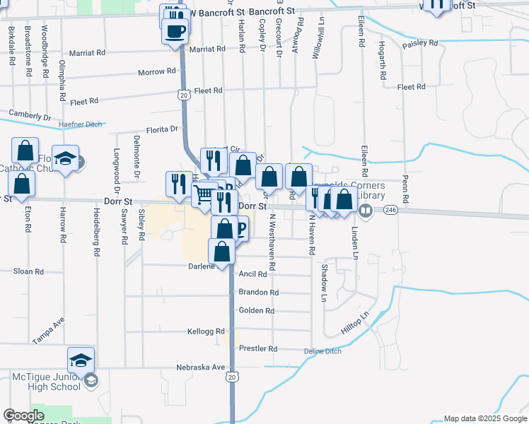 map of restaurants, bars, coffee shops, grocery stores, and more near 1600-1620 Copley Dr in Toledo
