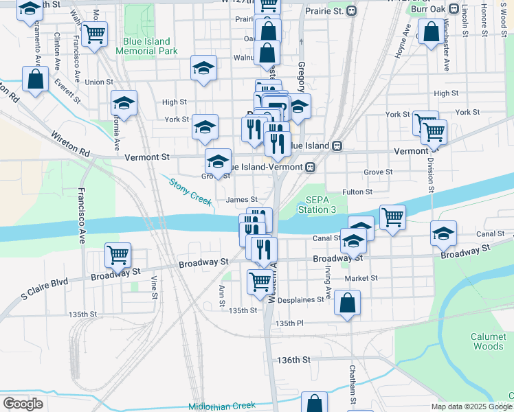 map of restaurants, bars, coffee shops, grocery stores, and more near 2422 James Street in Blue Island