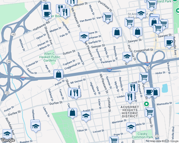 map of restaurants, bars, coffee shops, grocery stores, and more near Interstate 195 in New Bedford