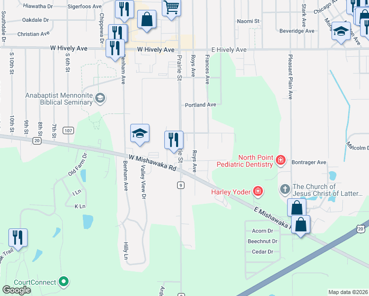 map of restaurants, bars, coffee shops, grocery stores, and more near 57880-57998 Prairie St in Elkhart