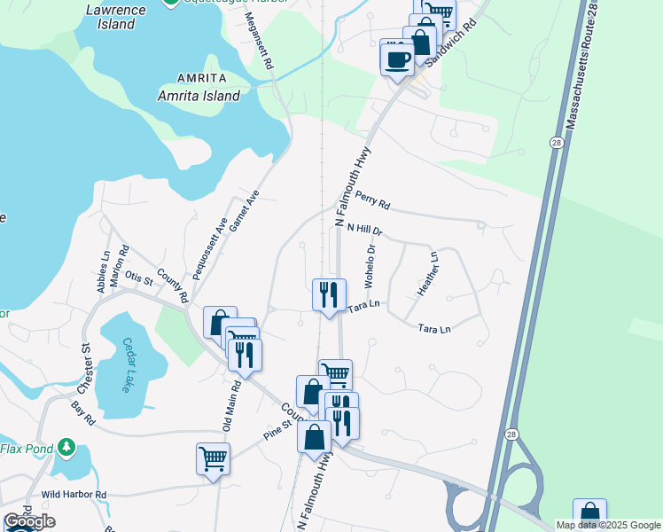 map of restaurants, bars, coffee shops, grocery stores, and more near 688 North Falmouth Highway in Falmouth