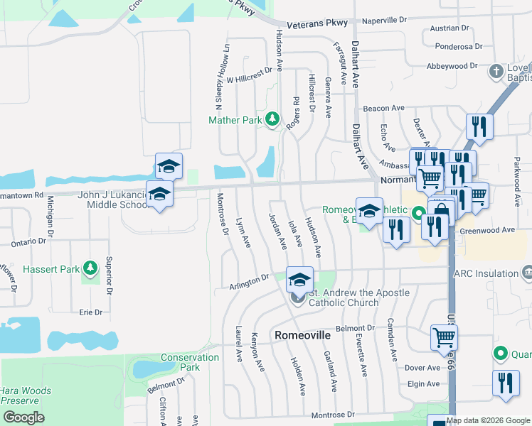 map of restaurants, bars, coffee shops, grocery stores, and more near 636 Jordan Avenue in Romeoville