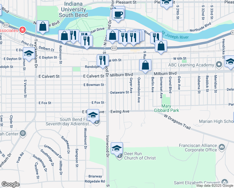 map of restaurants, bars, coffee shops, grocery stores, and more near 902 Hubbard Street in Mishawaka