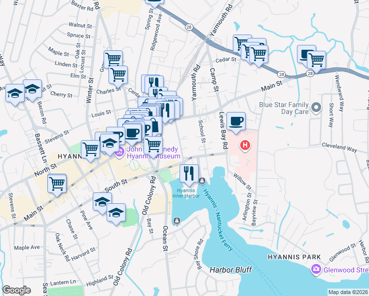map of restaurants, bars, coffee shops, grocery stores, and more near 56 Pleasant Street in Barnstable
