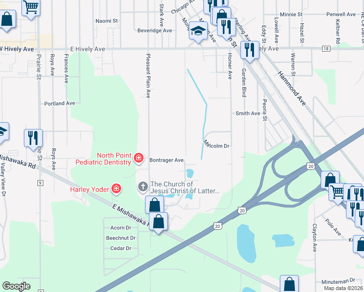 map of restaurants, bars, coffee shops, grocery stores, and more near 3143 Burr Oak Ave in Elkhart