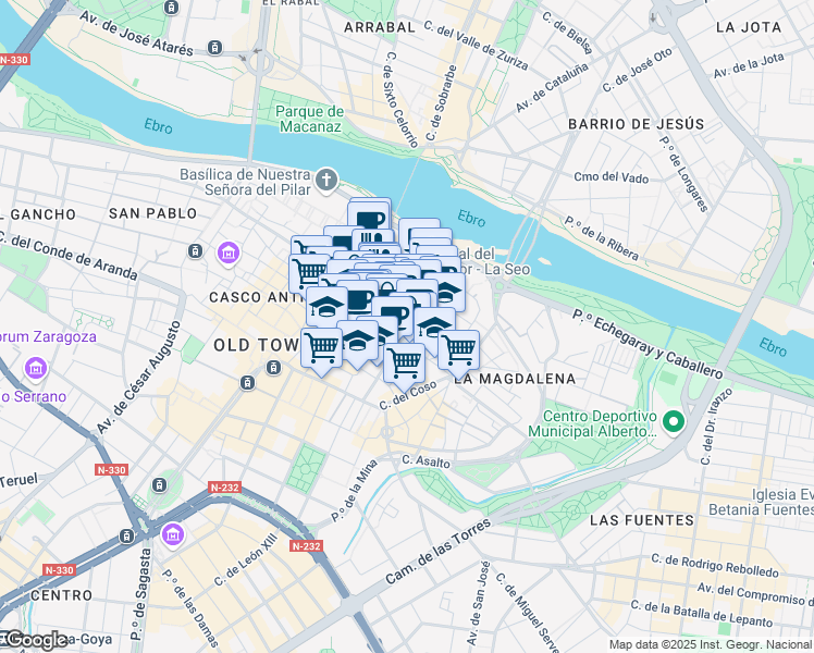 map of restaurants, bars, coffee shops, grocery stores, and more near Calle Mayor in Zaragoza