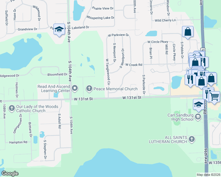 map of restaurants, bars, coffee shops, grocery stores, and more near 13008 West Tanglewood Circle in Palos Park