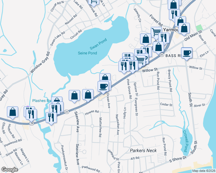 map of restaurants, bars, coffee shops, grocery stores, and more near 860 Massachusetts 28 in Yarmouth