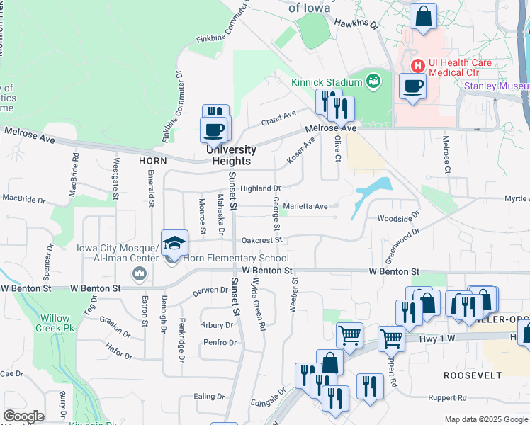 map of restaurants, bars, coffee shops, grocery stores, and more near 214 Grandview Court in Iowa City