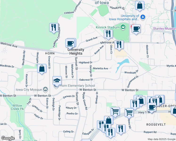 map of restaurants, bars, coffee shops, grocery stores, and more near 202 Grandview Court in Iowa City
