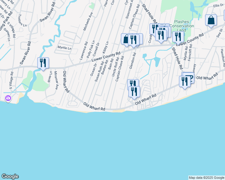 map of restaurants, bars, coffee shops, grocery stores, and more near 64 Uncle Rolf Road in Dennis