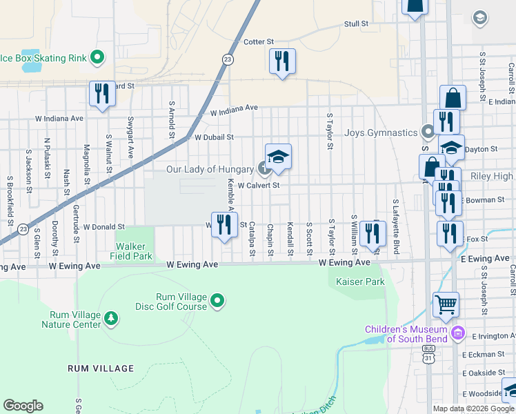 map of restaurants, bars, coffee shops, grocery stores, and more near 1900-2000 Catalpa Street in South Bend